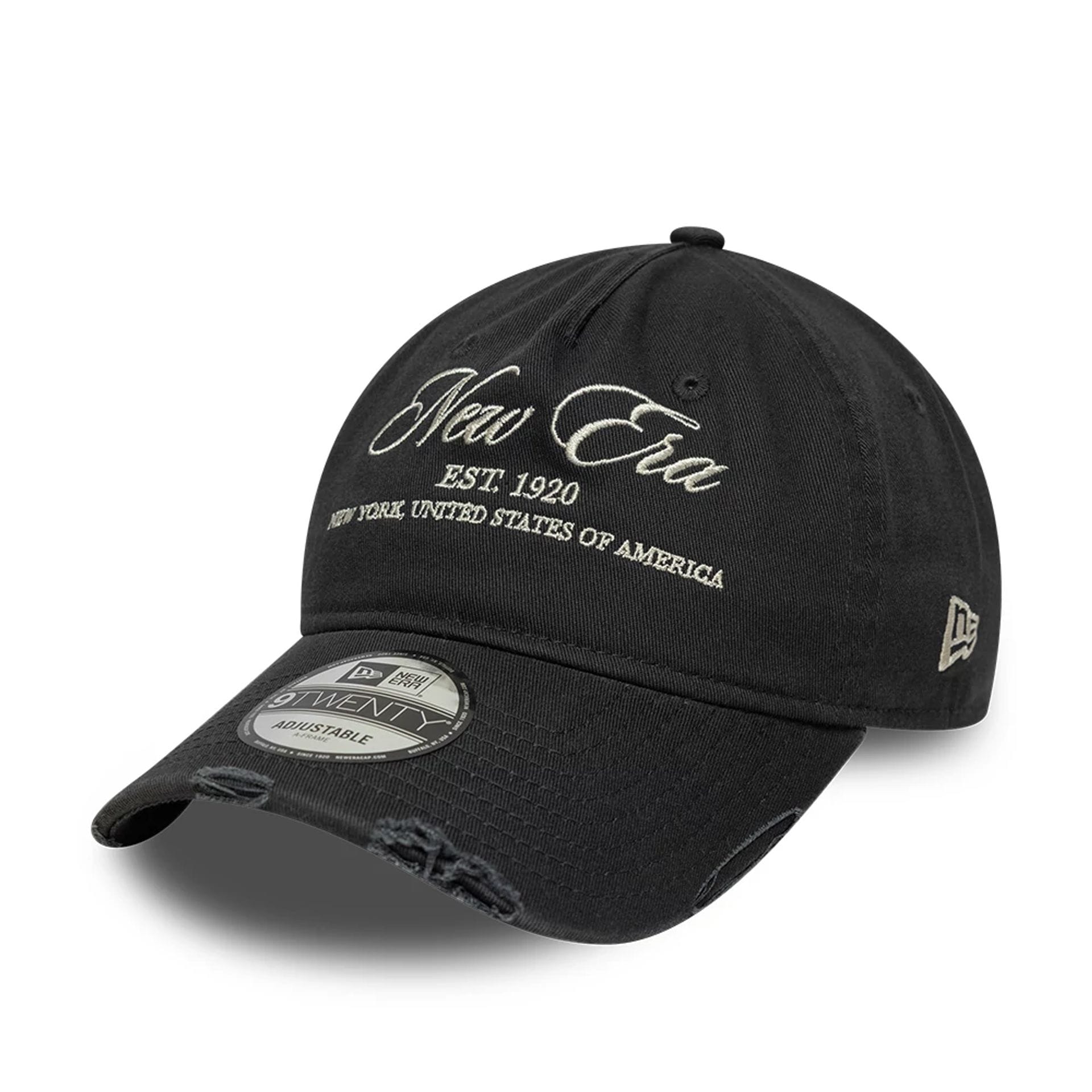 Pictured is this New Era Wash Distress 9TWENTY A-Frame cap in charcoal. 1