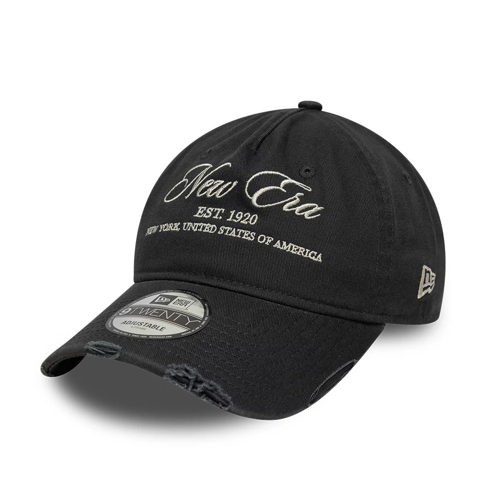 Pictured is this New Era Wash Distress 9TWENTY A-Frame cap in charcoal. 1