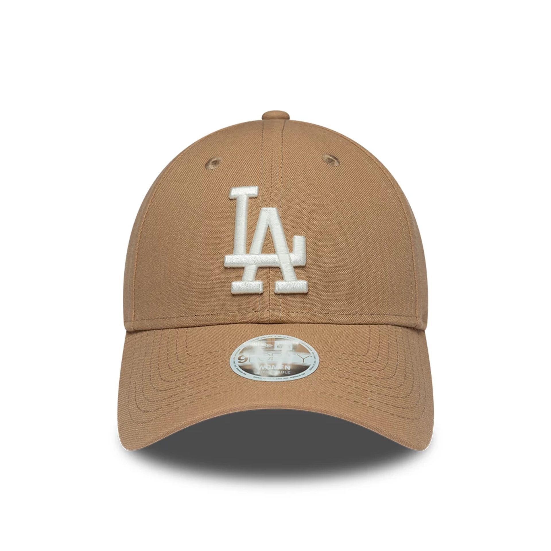 Pictured is this Womens MLB Linen LA Dodgers 9FORTY cap in Dark Beige. 2