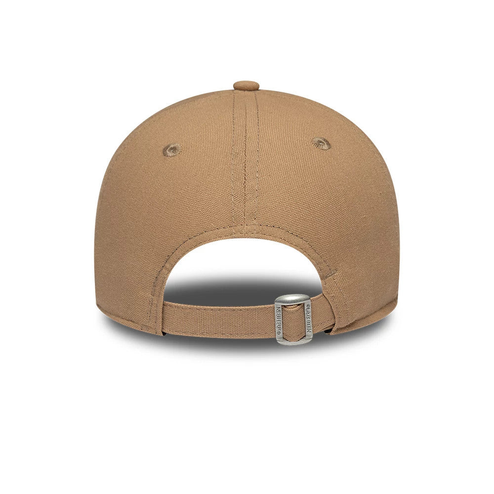 LA Dodgers Womens MLB Linen Dark Beige New Era 9FORTY Adjustable Cap, rear view showing the adjustable strap with buckle closure, revealing two embroidered eyelets on the structured crown and fabric in dark beige.