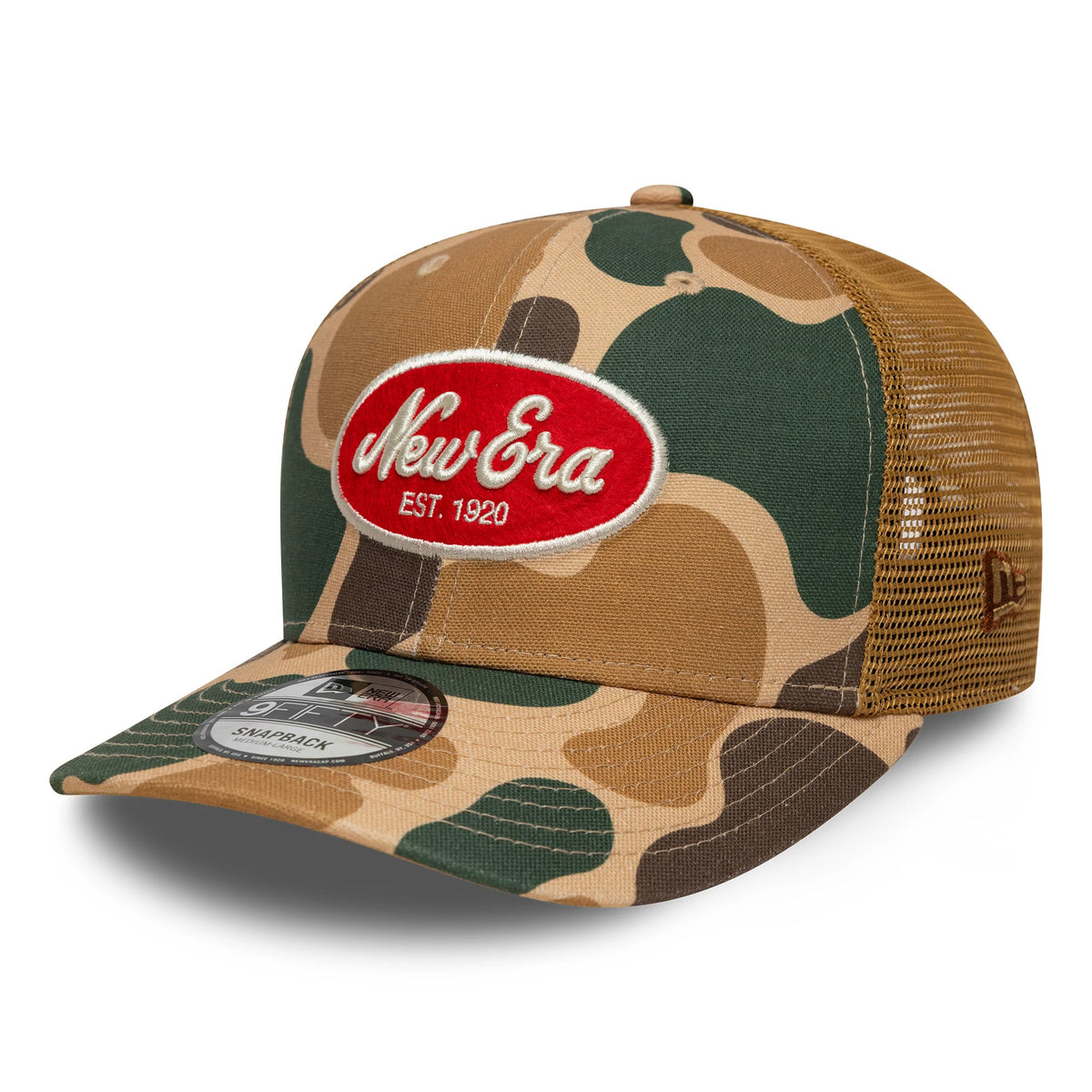 New Era Duck Camo Beige New Era 9FIFTY Snapback Adjustable Cap, three-quarter view showing a raised red and white New Era Est. 1920 logo on the front panel, a camouflage pattern on the visor, and a mesh back with a brown New Era flag logo.