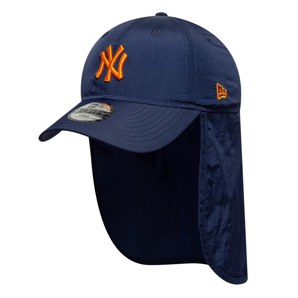 New York Yankees Child MLB Sun Shield Navy New Era 9FORTY Adjustable Cap, three-quarter view showing an orange embroidered Yankees logo on the front panel, a navy sun shield drape, and a 9FORTY size sticker on the curved visor.