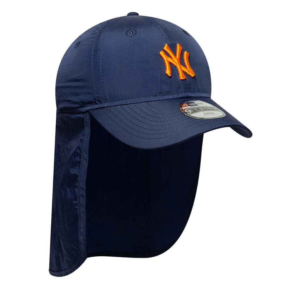 New York Yankees Child MLB Sun Shield Navy New Era 9FORTY Adjustable Cap, front view showing the bright orange raised embroidered NY logo on the panel, curved navy visor with a 9FORTY size sticker, and extended neck protective fabric shield.