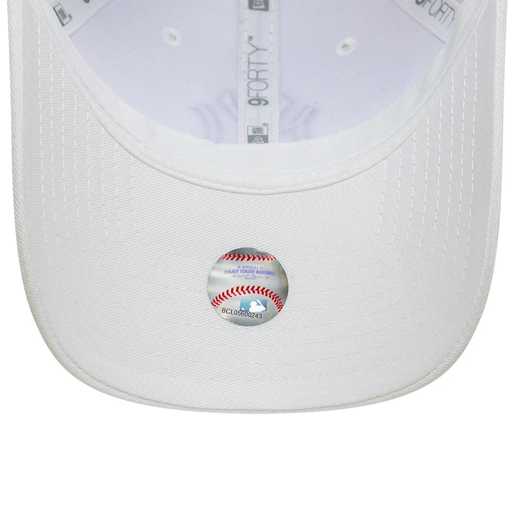 New York Yankees Womens MLB League Essential White New Era 9FORTY Adjustable Cap, inside view showing white sweatband, grey 9FORTY taping, and the MLB-branded sticker with a baseball design located on the white underpeak.