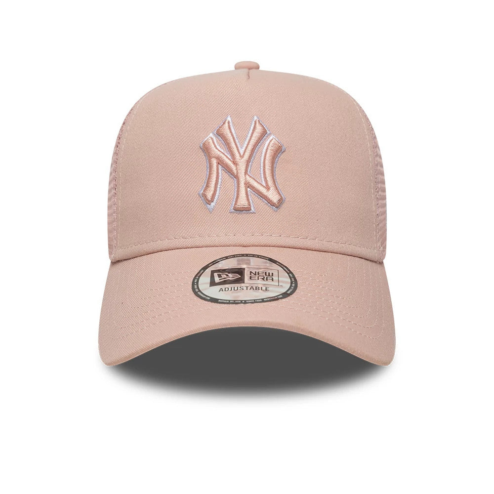 New York Yankees MLB Outline Pastel Pink New Era 9FORTY E-Frame Trucker Adjustable Cap, front view showing the pink and white embroidered NY logo on the structured pink crown, with a 9FORTY size sticker on the curved visor.