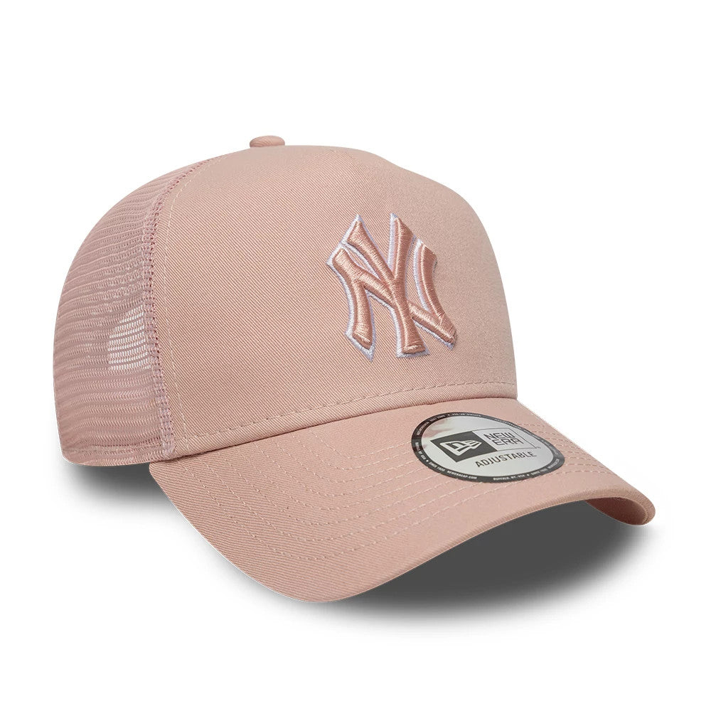 Pictured is this MLB Outline New York Yankees 9FORTY E-Frame Trucker cap in pastel pink. 3