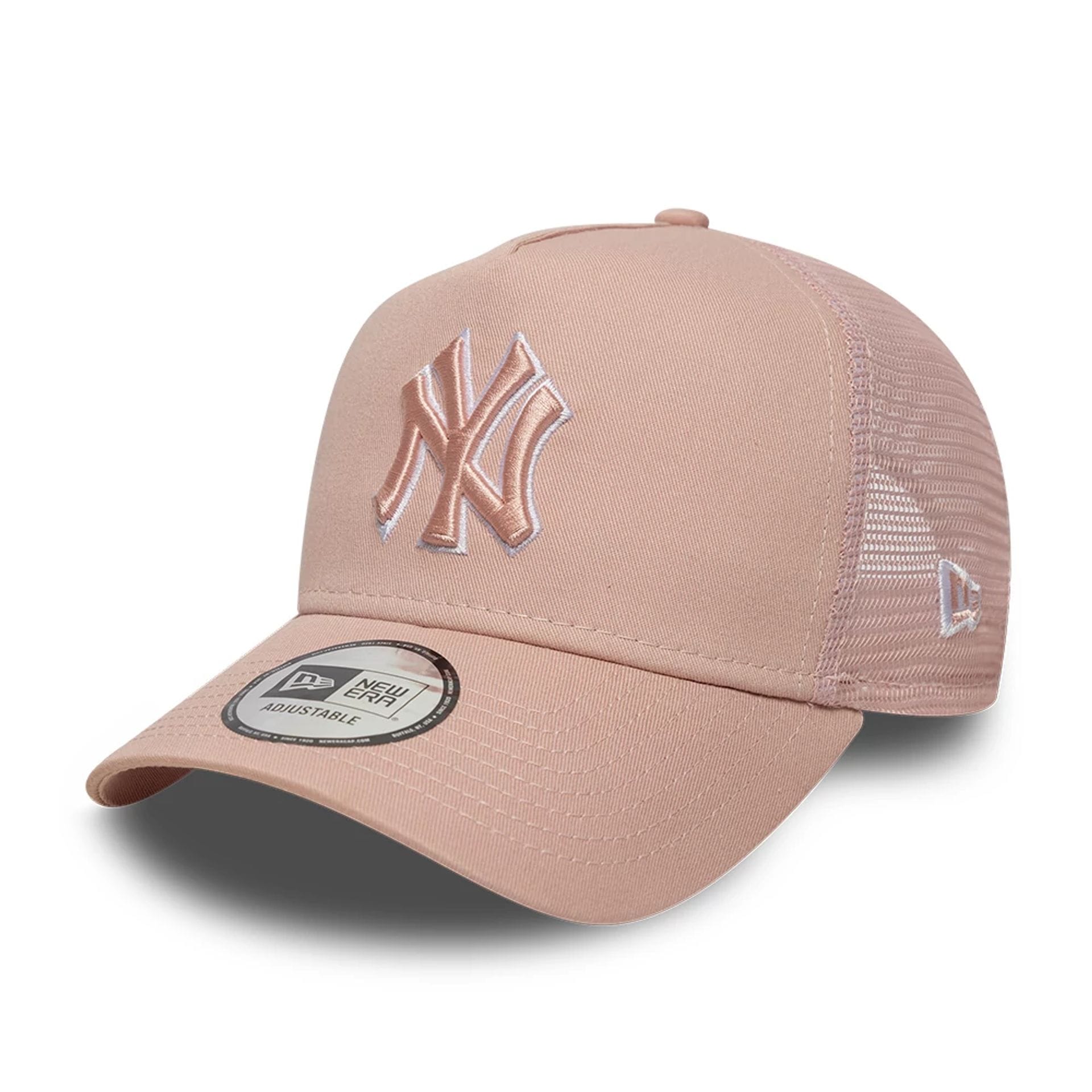 Pictured is this MLB Outline New York Yankees 9FORTY E-Frame Trucker cap in pastel pink. 1
