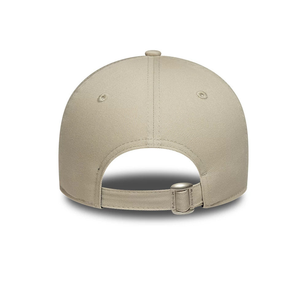 LA Dodgers Womens MLB League Essential Light Beige New Era 9FORTY Adjustable Cap, rear view showing the absence of a back logo, a light beige adjustable strap with a clasp for size customisation, and two small eyelets on the structured crown.