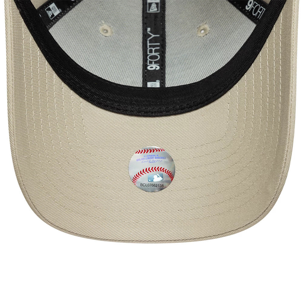 LA Dodgers Womens MLB League Essential Light Beige New Era 9FORTY Adjustable Cap, inside view showing the black sweatband with white 9FORTY branding, beige undervisor, size sticker on the centre, and matching taping with MLB logo details.