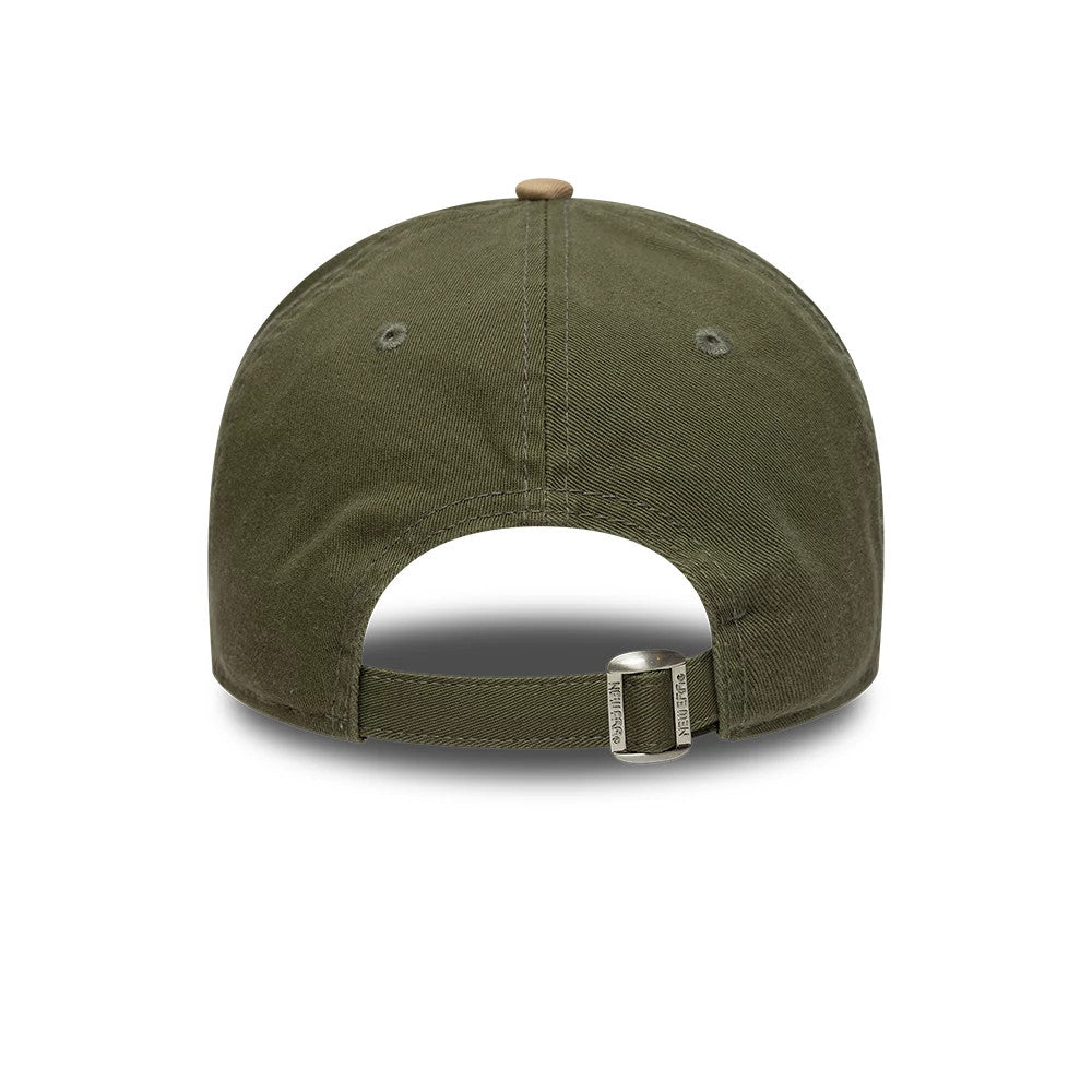 Athletics MLB Washed Contrast Green New Era 9TWENTY Adjustable Cap, rear view showing an olive green fabric with a brown top button, buckle on the adjustable strap, and two embroidered eyelets on each side of the back panels.
