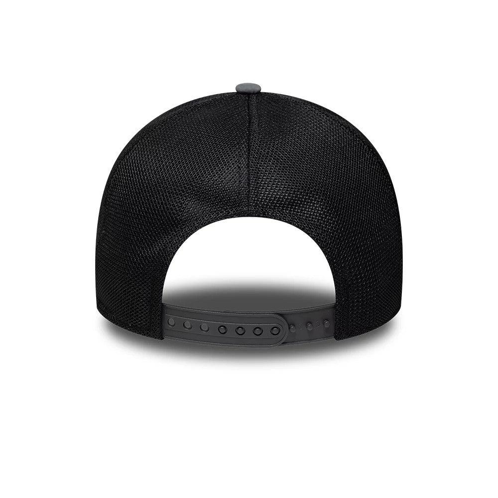 New York Yankees MLB Sport Charcoal New Era 9FORTY E-Frame Trucker Adjustable Cap, rear view showing the black mesh back panels, a dark top button, and a charcoal adjustable snap closure for custom fitting.