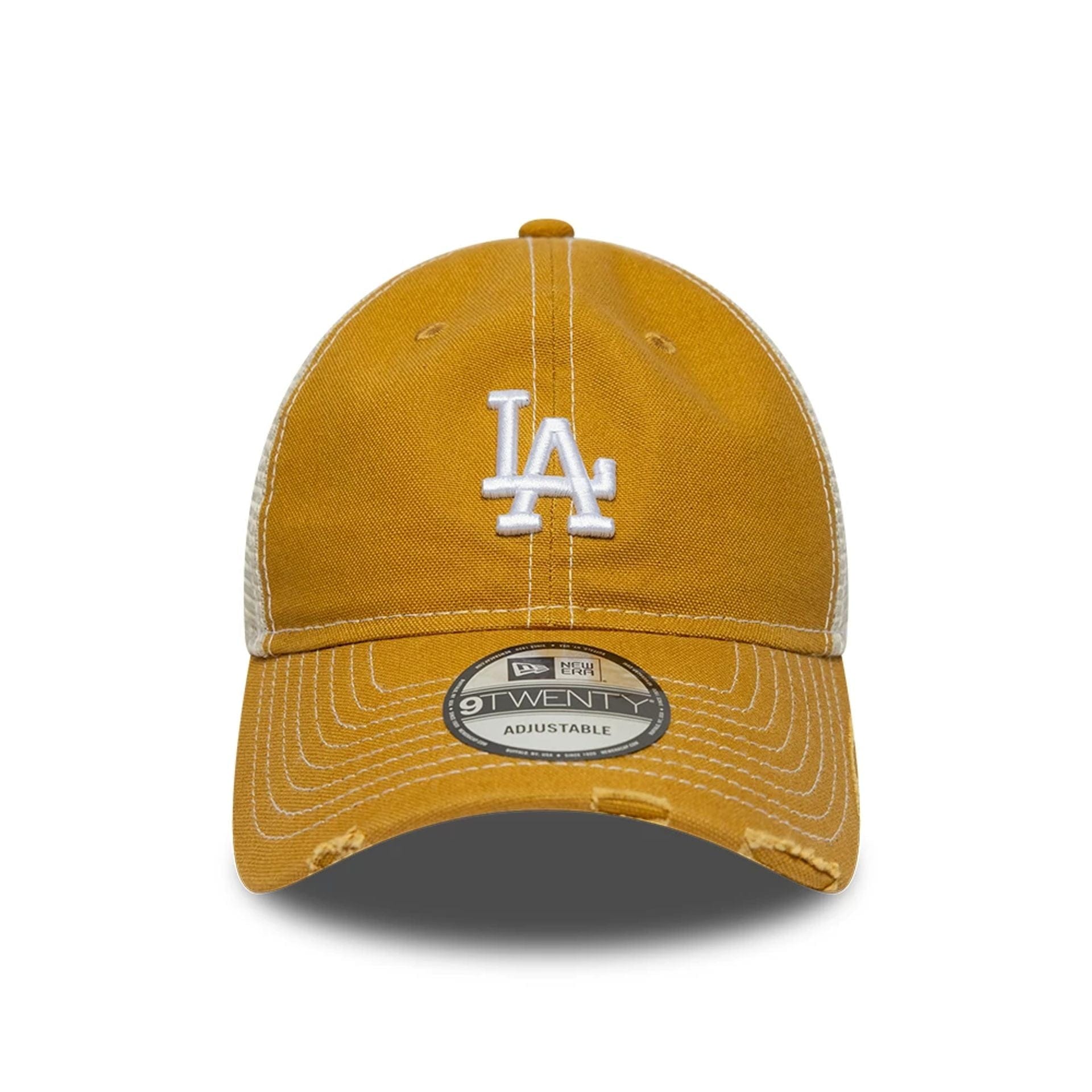 Pictured is this MLB Cotton Canvas LA Dodgers 9TWENTY Trucker cap in beige. 2