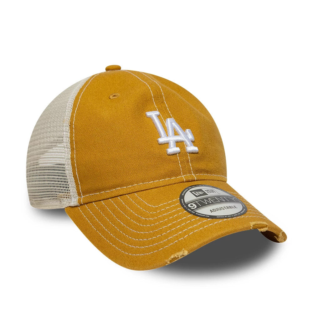 LA Dodgers MLB Cotton Canvas Beige New Era 9TWENTY Trucker Adjustable Cap, three-quarter view showing the white embroidered LA logo on the front panel, rounded beige visor with prominent stitching, and a grey 9TWENTY size sticker.