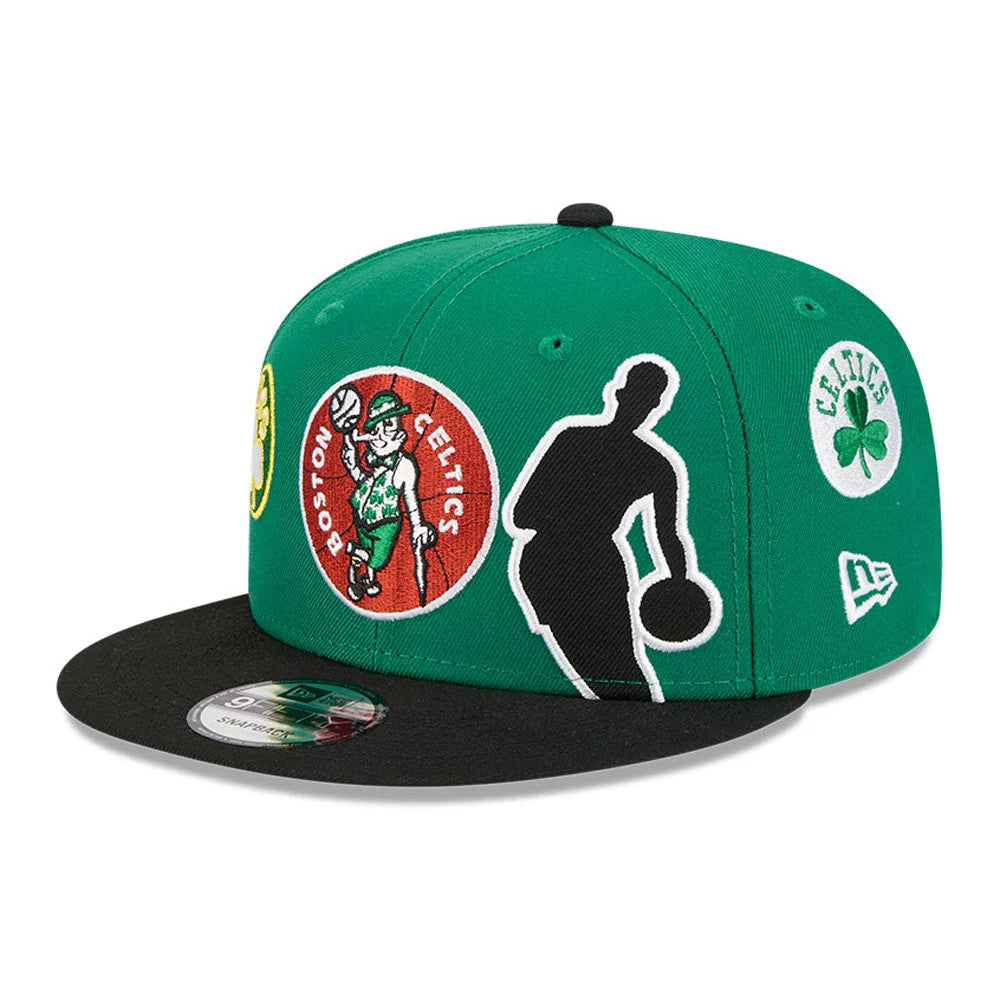 Boston Celtics NBA Hardwood Classic ASG Green New Era 9FIFTY Snapback Adjustable Cap, front view showing multiple embroidered logos including the Boston Celtics logo on the green crown, black flat visor, and 9FIFTY size sticker on the top.