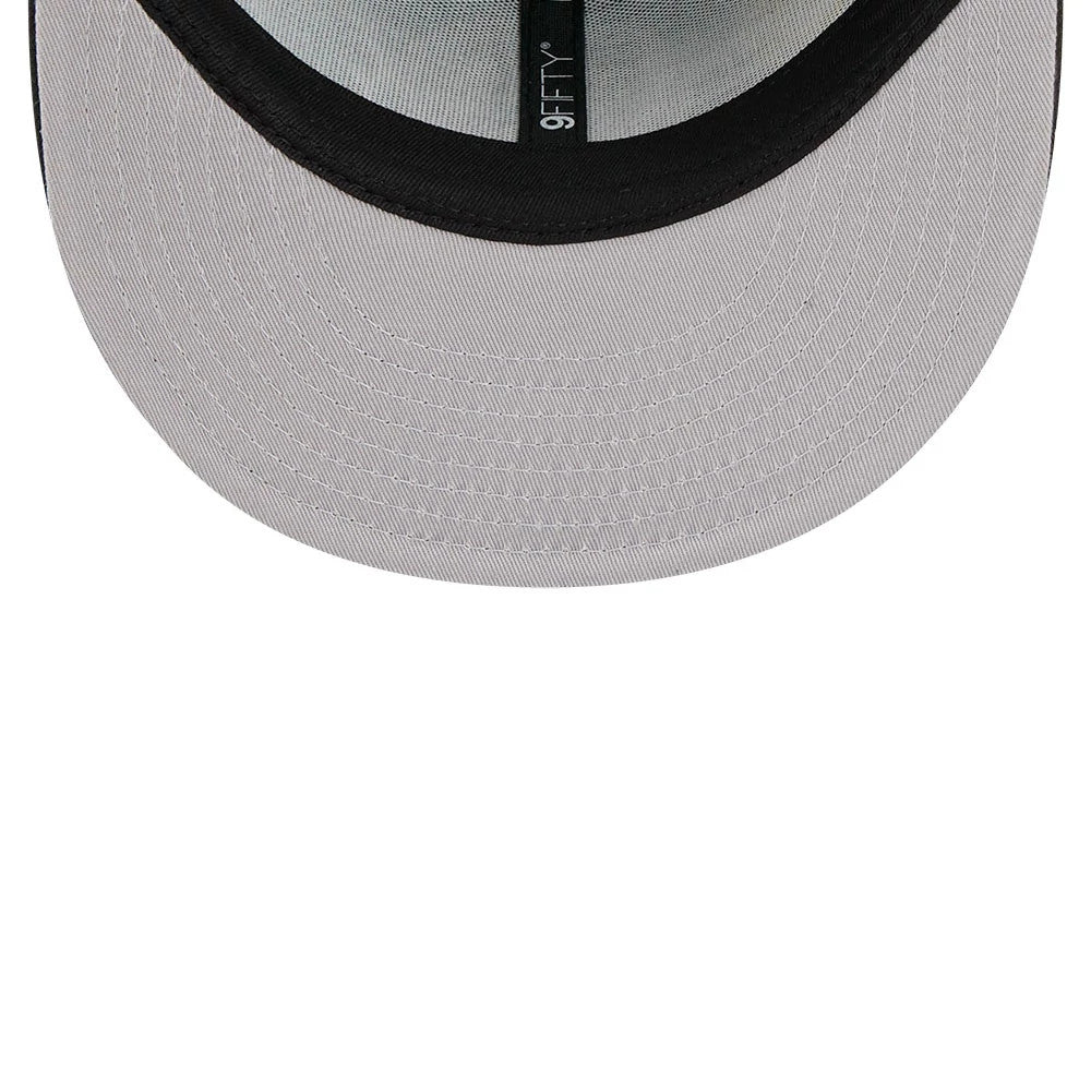 Boston Celtics NBA Hardwood Classic ASG Green New Era 9FIFTY Snapback Adjustable Cap, inside view showing the grey undervisor, the black taping running along the centre, and the New Era 9FIFTY logo printed on one of the taping strips.