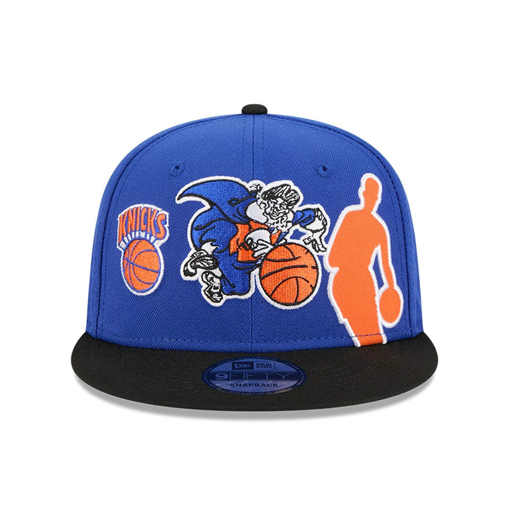 New York Knicks NBA Hardwood Classic ASG Blue New Era 9FIFTY Snapback Adjustable Cap, front view showing an embroidered wizard dribbling a basketball, an orange silhouette player logo on the blue crown.