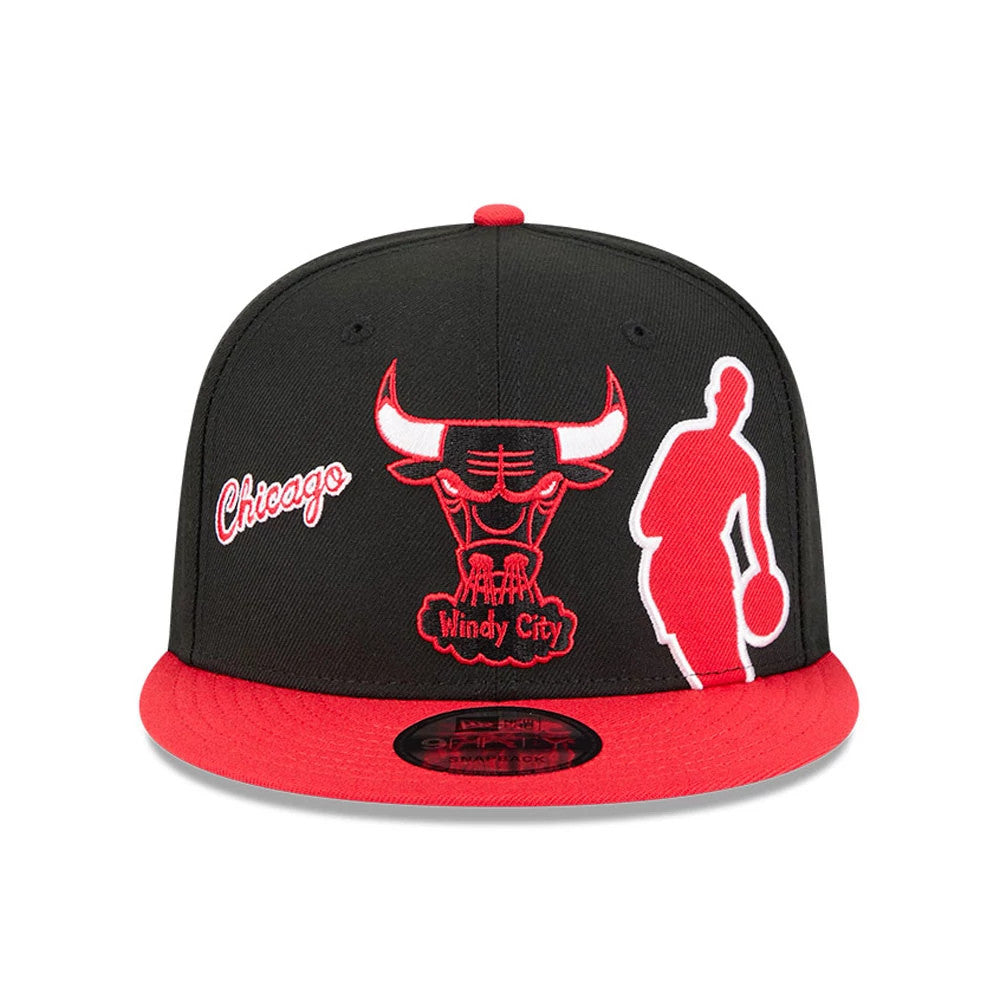 Chicago Bulls NBA Hardwood Classic ASG Black New Era 9FIFTY Snapback Adjustable Cap, front view showing a large red and white embroidered Bulls logo with text Windy City, a red visor, and a black 9FIFTY size sticker centred underneath.