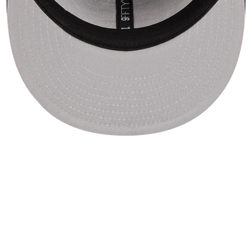 Nuggets NBA Hardwood Classic ASG Dark Red New Era 9FIFTY Snapback Adjustable Cap, inside view showing a black sweatband and grey undervisor, with a 9FIFTY size sticker on the fabric and contrasting stitching detail around the edge of the visor.