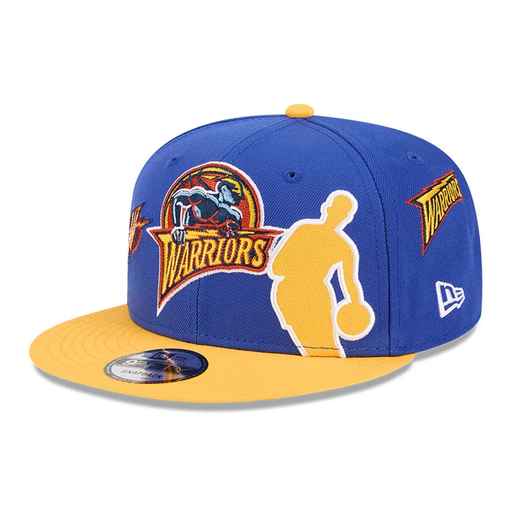 Warriors NBA Hardwood Classic ASG Blue New Era 9FIFTY Snapback Adjustable Cap, front view showing the colourful embroidered logos on the blue crown, an orange visor with a 9FIFTY size sticker, and the New Era logo on the left side.