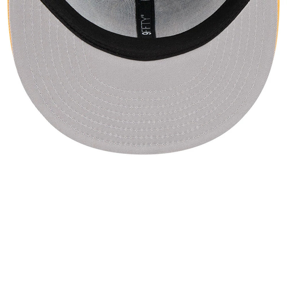 Warriors NBA Hardwood Classic ASG Blue New Era 9FIFTY Snapback Adjustable Cap, inside view showing a black sweatband with a 9FIFTY label, a grey undervisor, and black taping with white stitching details.