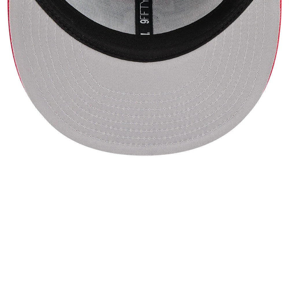 76ers NBA Hardwood Classic ASG Blue New Era 9FIFTY Snapback Adjustable Cap, inside view showing the grey undervisor, a central black taping strip with 9FIFTY branding, and a black sweatband lining the edge of the structured cap.