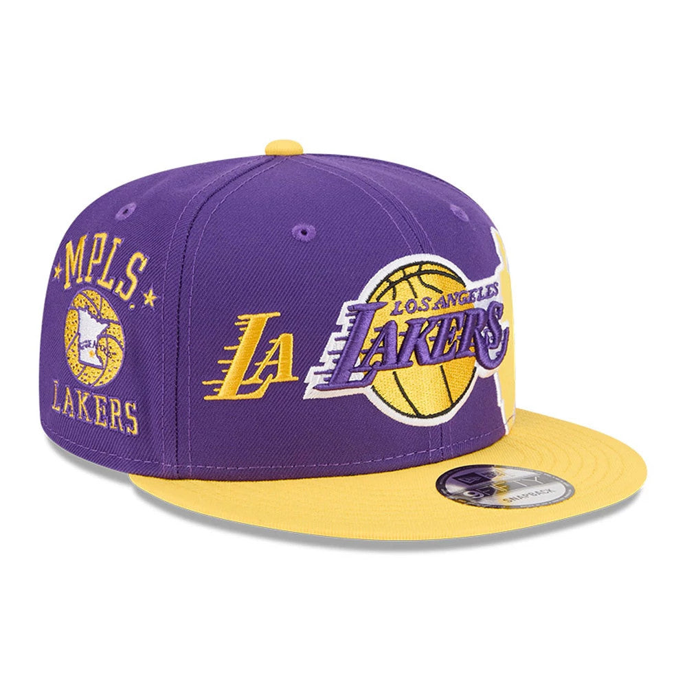 LA Lakers NBA Hardwood Classic ASG Purple New Era 9FIFTY Snapback Adjustable Cap, side view showing the yellow-purple LA Lakers logo embroidery on the front panel, matching MPLS Lakers graphic on the side.