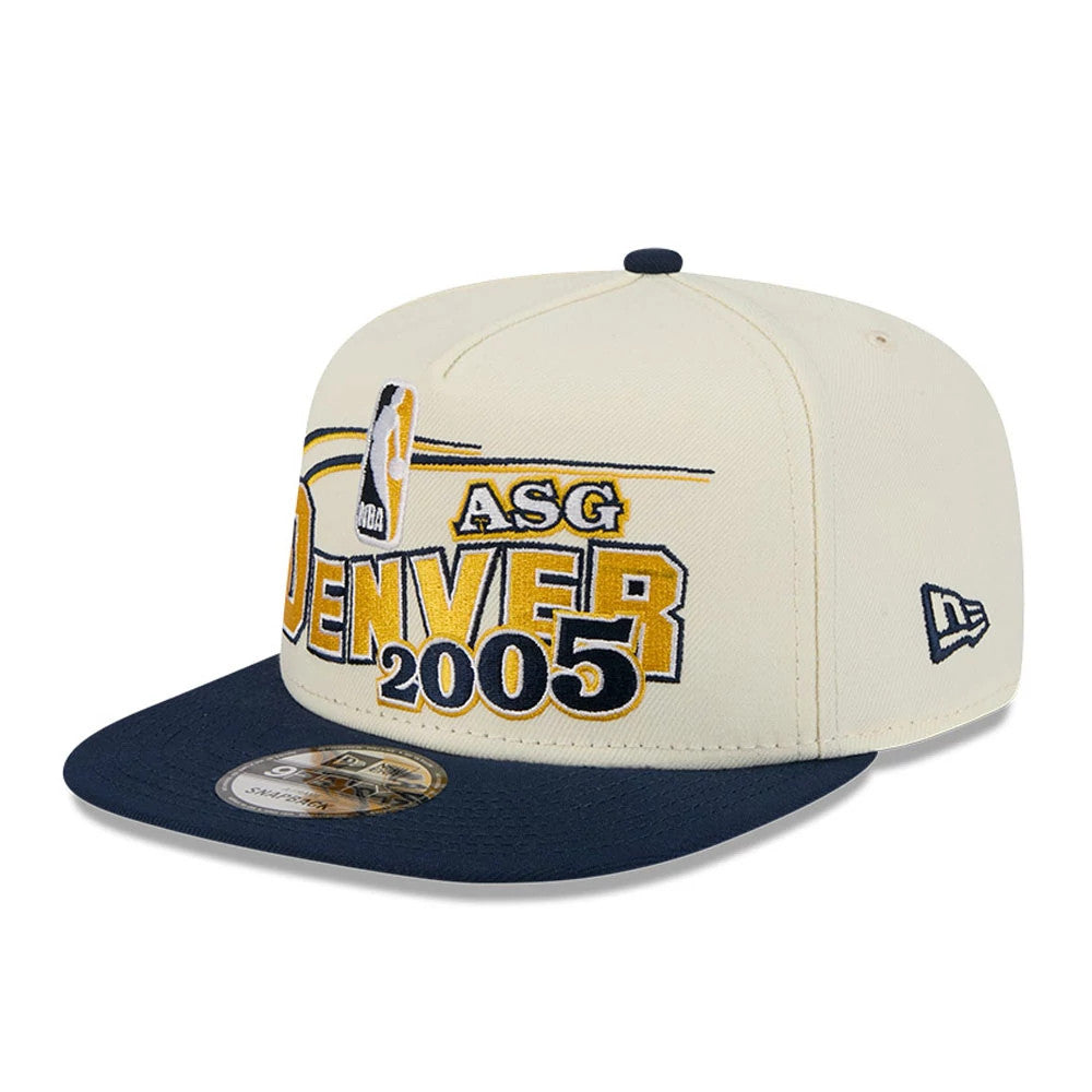 Nuggets NBA Hardwood Classic ASG White New Era 9FIFTY A-Frame Snapback Adjustable Cap, front view showing the raised embroidered Denver 2005 lettering in yellow and black on the white structured crown, with a contrasting navy visor.