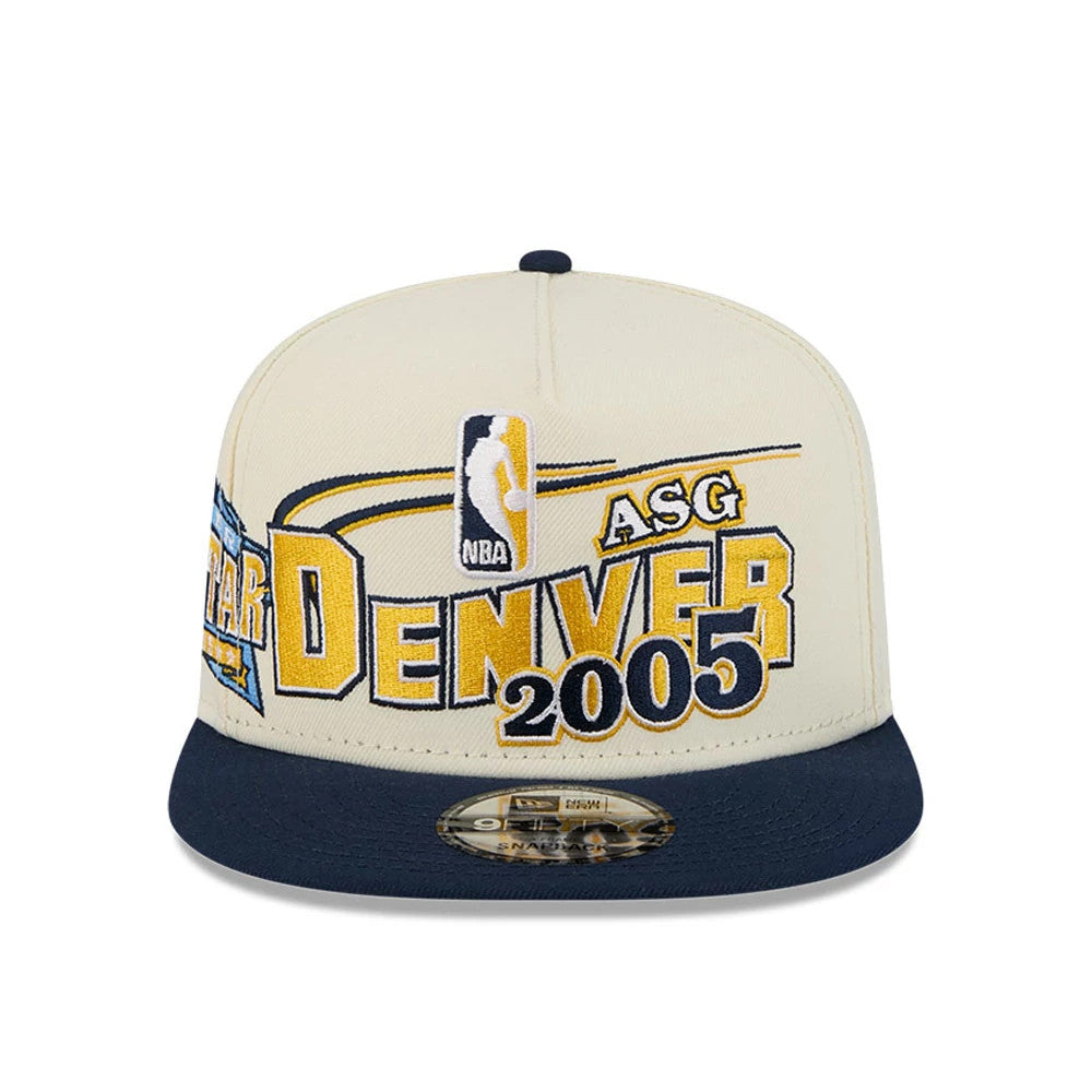 Nuggets NBA Hardwood Classic ASG White New Era 9FIFTY A-Frame Snapback Adjustable Cap, front view showing the large embroidered Denver 2005 graphic in gold and navy on the structured white crown, with NBA logo and navy flat visor.