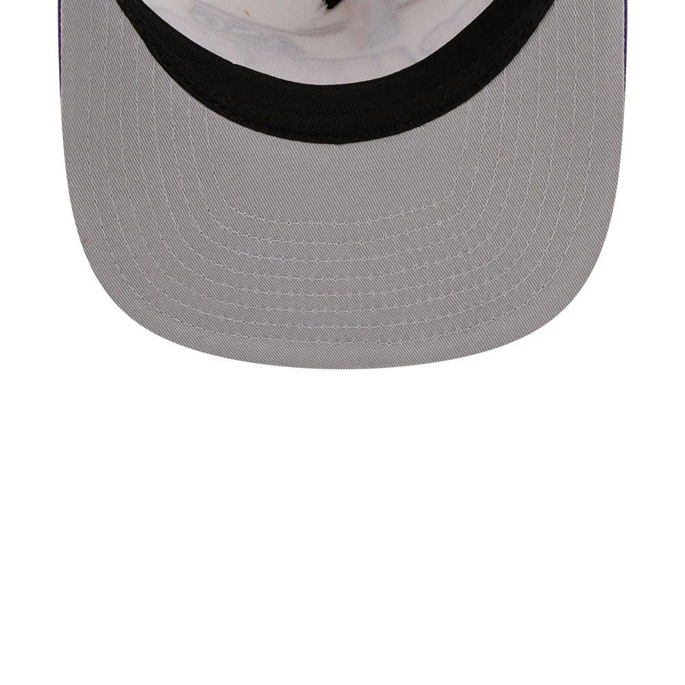LA Lakers NBA Hardwood Classic ASG White New Era 9FIFTY A-Frame Snapback Cap, inside view showing a clean grey undervisor, contrasting black sweatband surrounding the interior edge, and white stitching on the structured panels.
