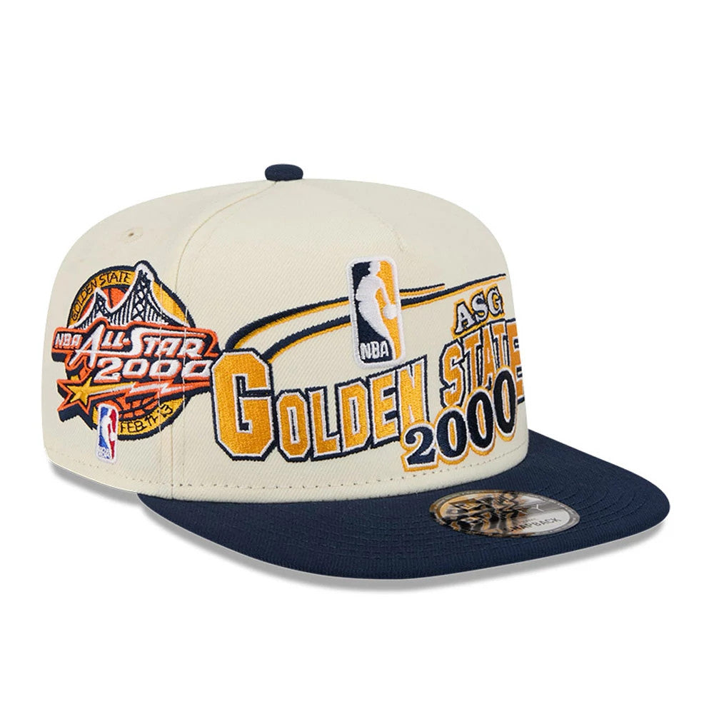 Warriors NBA Hardwood Classic ASG White New Era 9FIFTY A-Frame Snapback Cap, three-quarter view showing the embroidered Golden State 2000 and NBA All-Star 2000 logos on the front panels, with a contrasting dark blue flat visor and size sticker.
