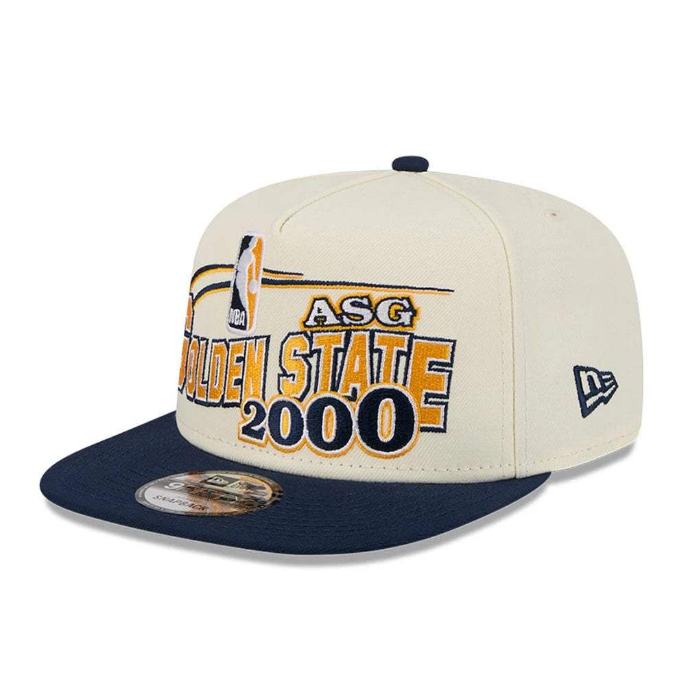 Warriors NBA Hardwood Classic ASG White New Era 9FIFTY A-Frame Snapback Cap, front view showing the large embroidered Golden State 2000 logo in navy and gold, with a navy flat visor and a white New Era flag logo on the left side.