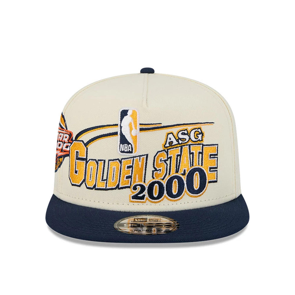 Warriors NBA Hardwood Classic ASG White New Era 9FIFTY A-Frame Snapback Cap, front view showing the embroidered Golden State 2000 lettering with ASG and NBA logos on the structured white crown.