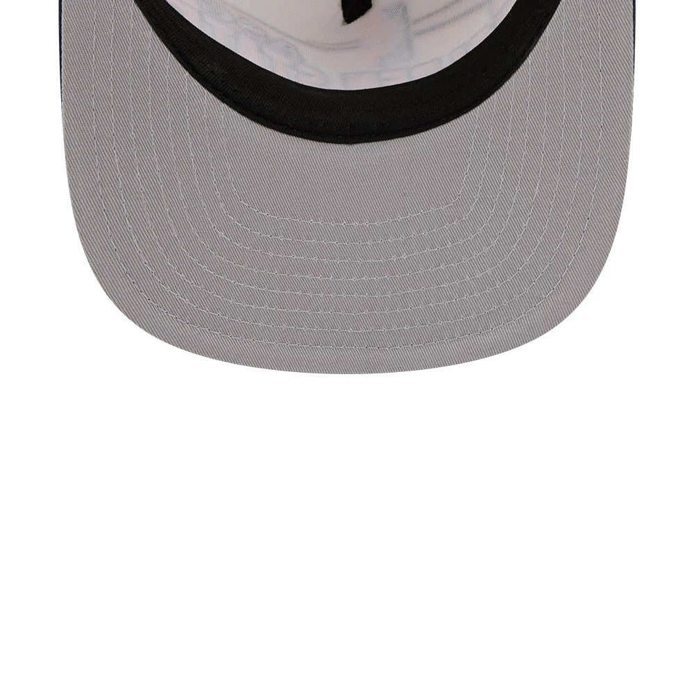 Warriors NBA Hardwood Classic ASG White New Era 9FIFTY A-Frame Snapback Cap, inside view showing the grey undervisor, black sweatband with white embroidered branding, and light grey interior taping around the base of the cap.