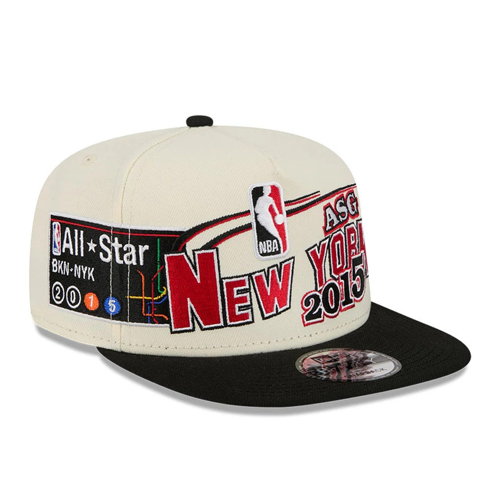 Nets NBA Hardwood Classic ASG White New Era 9FIFTY A-Frame Snapback Adjustable Cap, front view showing large red and black embroidered New York 2015 graphics and NBA logo on the cream front panels, with a black flat visor and 9FIFTY size sticker.