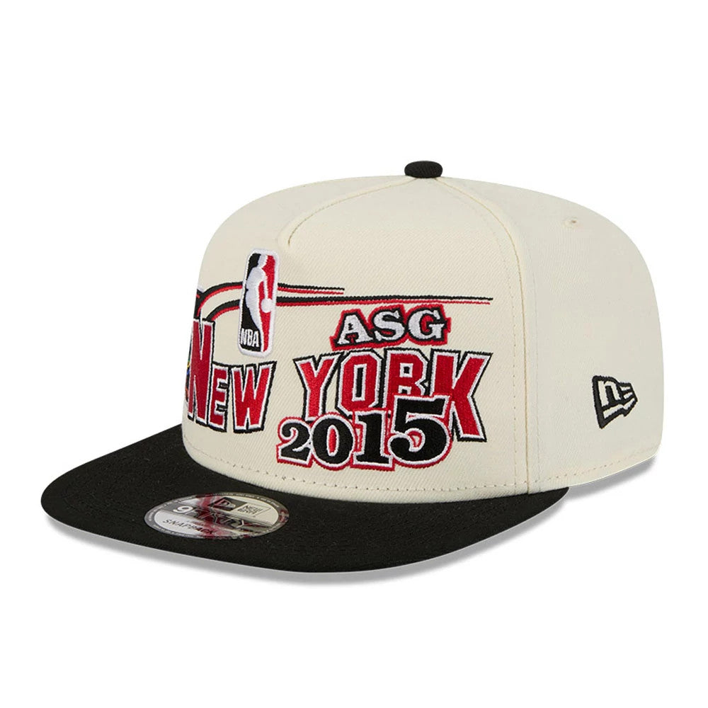Nets NBA Hardwood Classic ASG White New Era 9FIFTY A-Frame Snapback Adjustable Cap, front view showing the red and black New York 2015 embroidery on a white crown, NBA logo on the front, and the black visor with a 9FIFTY size sticker.