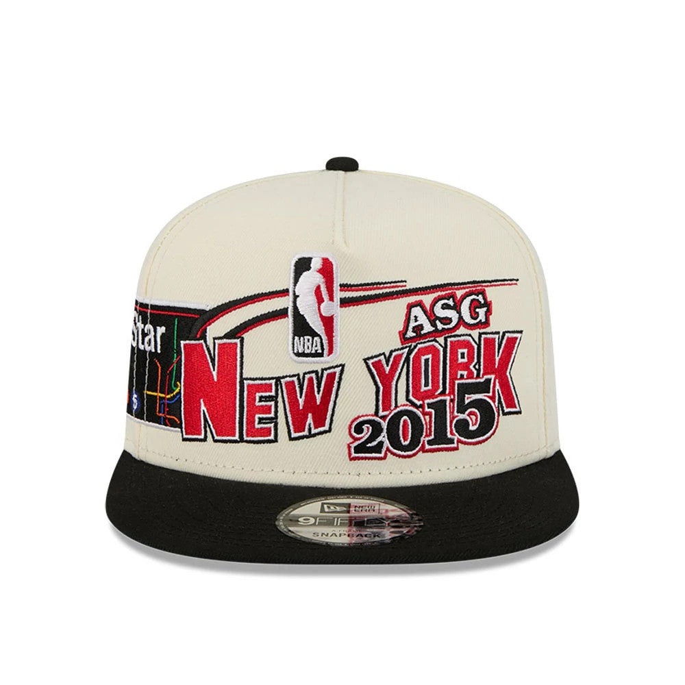 Nets NBA Hardwood Classic ASG White New Era 9FIFTY A-Frame Snapback Adjustable Cap, front view showing raised red and black embroidered New York 2015 lettering, NBA logo and ASG graphic, with a black flat visor and 9FIFTY size sticker.