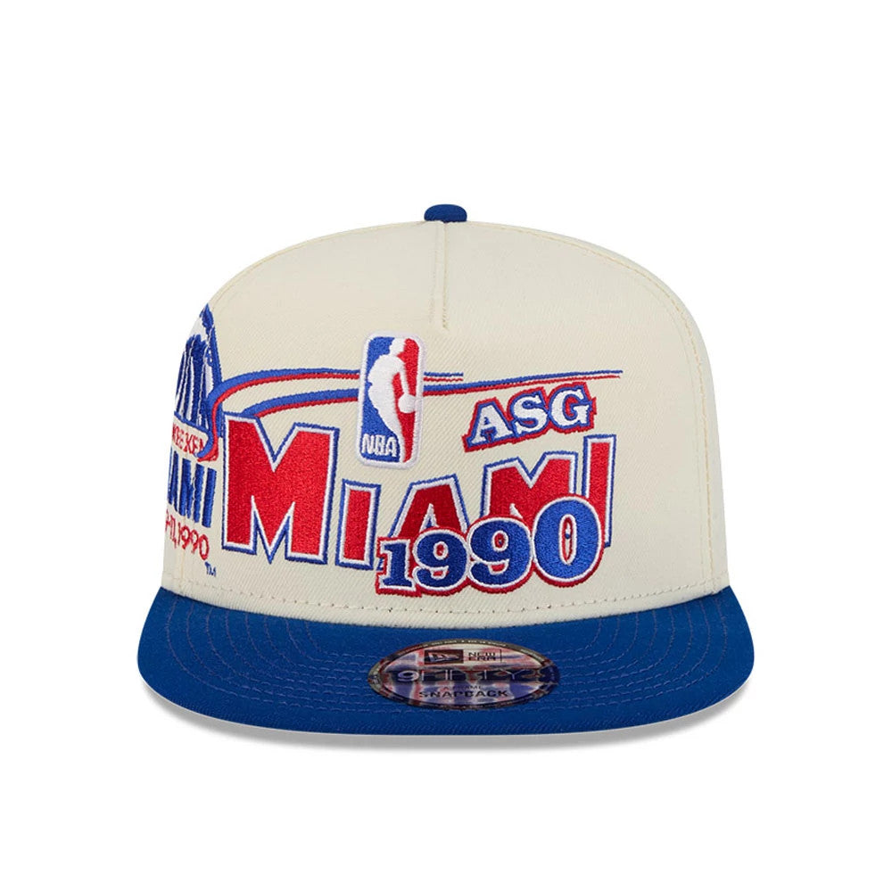 Heat NBA Hardwood Classic ASG White New Era 9FIFTY A-Frame Snapback Adjustable Cap, front view showing large red and blue embroidered Miami 1990 graphics across the structured white front panels, with a blue flat visor and a 9FIFTY size sticker.