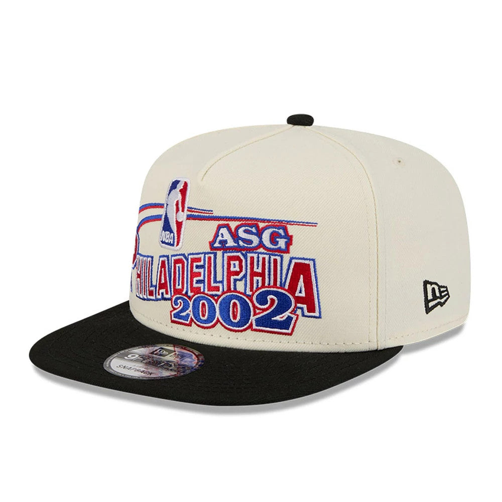 76ers NBA Hardwood Classic ASG White New Era 9FIFTY A-Frame Snapback Cap, front view showing the red and blue embroidered Philadelphia 2002 graphics on the front panel, a black flat visor with a 9FIFTY size sticker.