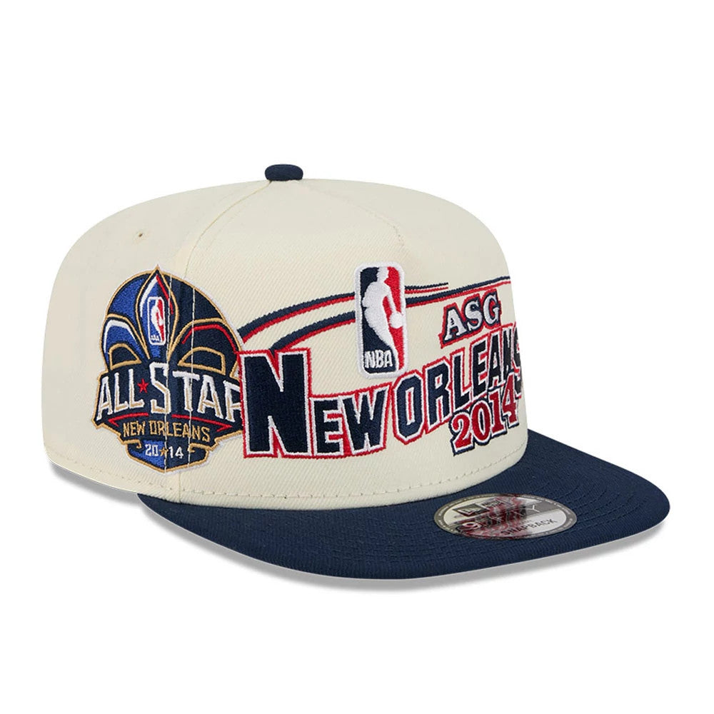 Pelicans NBA Hardwood Classic ASG White New Era 9FIFTY A-Frame Snapback Cap, front view showing an embroidered New Orleans 2014 All-Star Game logo on the structured white crown, with a flat navy blue visor and 9FIFTY size sticker.