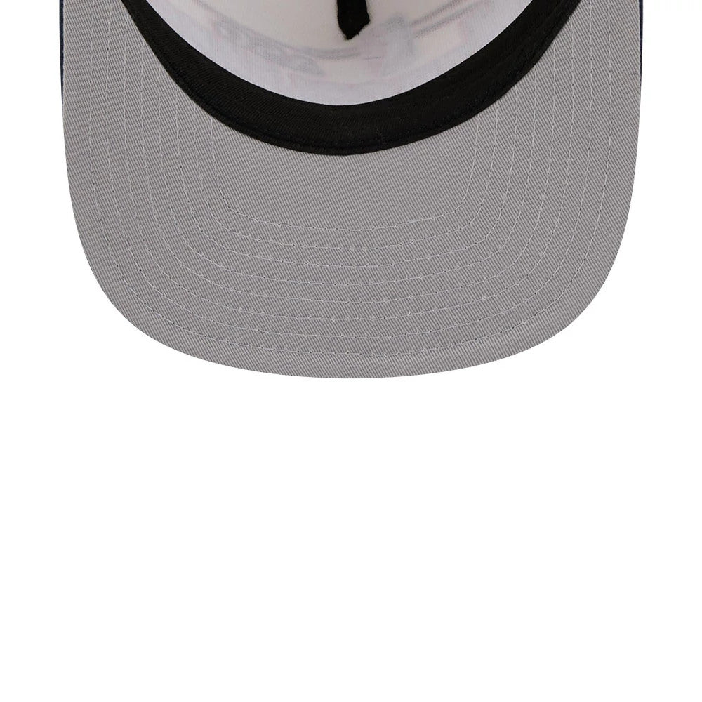 Pelicans NBA Hardwood Classic ASG White New Era 9FIFTY A-Frame Snapback Cap, inside view showing the grey undervisor with neat stitching, black taping along the interior seams, and a black sweatband lining the edge for added comfort.