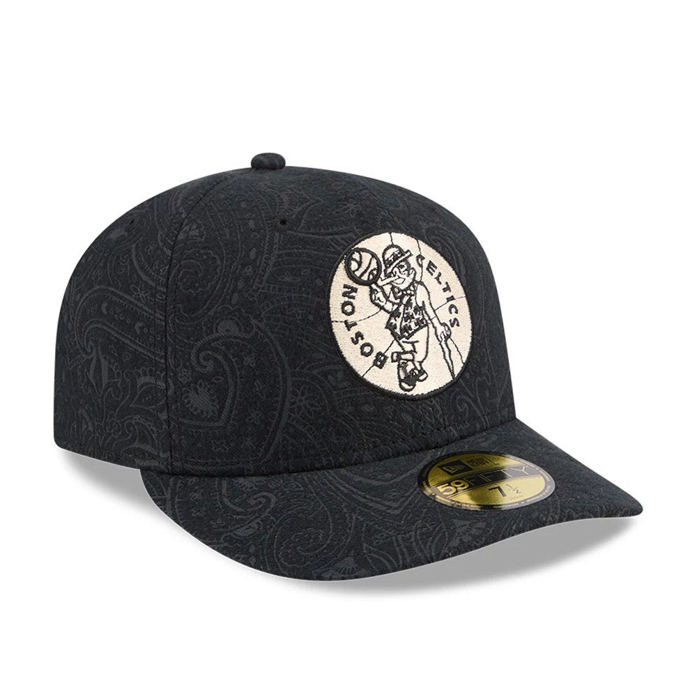 Boston Celtics NBA Brushed Cotton Black New Era 59FIFTY Fitted Cap, three-quarter view showing the embroidered Celtics logo on the front panel, a paisley pattern on the black fabric, and a gold 59FIFTY size sticker on the flat visor.