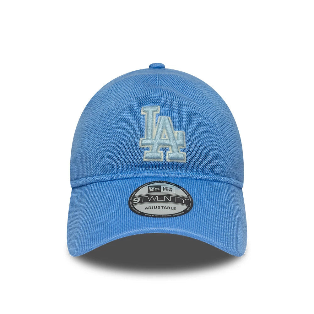 LA Dodgers MLB Merino Wool Pastel Blue New Era 9TWENTY Adjustable Cap, front view showing the raised white embroidered LA logo on the structured pastel blue crown, with a 9TWENTY size sticker on the slightly curved pastel blue visor.
