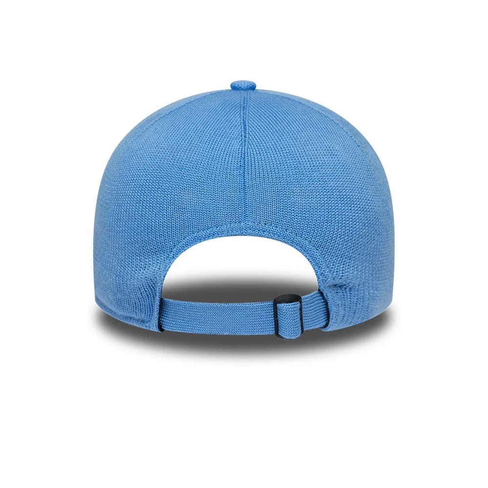 Chicago White Sox MLB Merino Wool Pastel Blue New Era 9TWENTY Adjustable Cap, rear view showing the solid pastel blue structured crown with an adjustable strap and slide buckle, featuring a seamless knit design with a matching top button.
