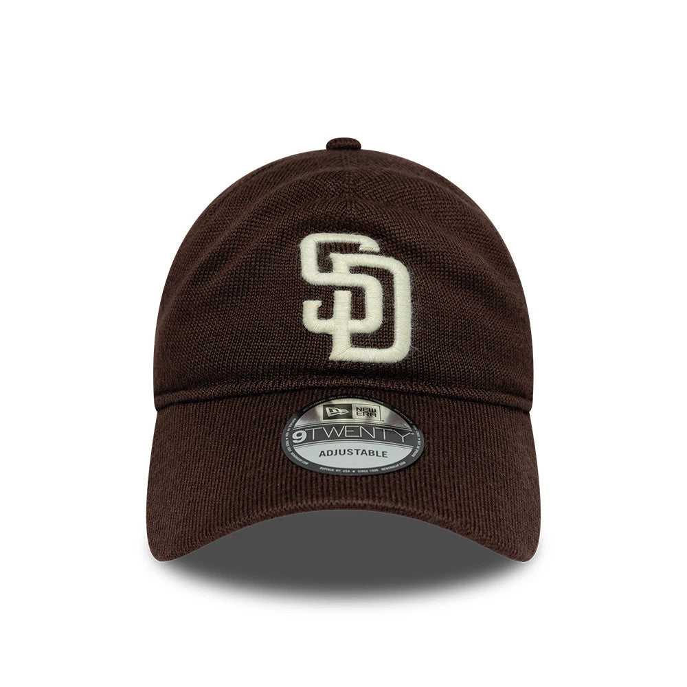 San Diego Padres MLB Core Merino Wool Dark Brown New Era 9TWENTY Adjustable Cap, front view showing a large white embroidered SD logo on the structured dark brown crown, with a 9TWENTY size sticker on the slightly curved visor.