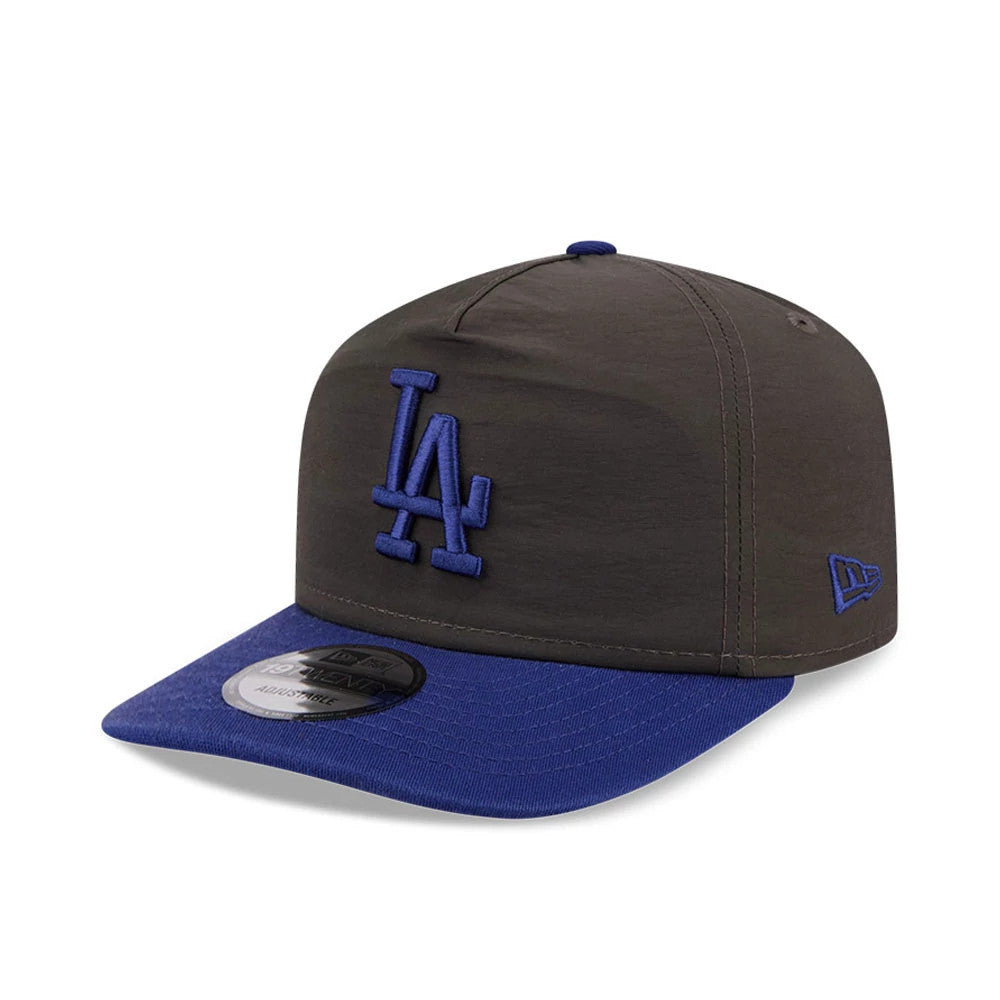LA Dodgers MLB Nylon Black New Era 19TWENTY Adjustable Cap, front view showing the raised blue LA logo embroidery on the black crown, a matching blue New Era flag logo on the left side, and a blue curved visor with a 19TWENTY size sticker.