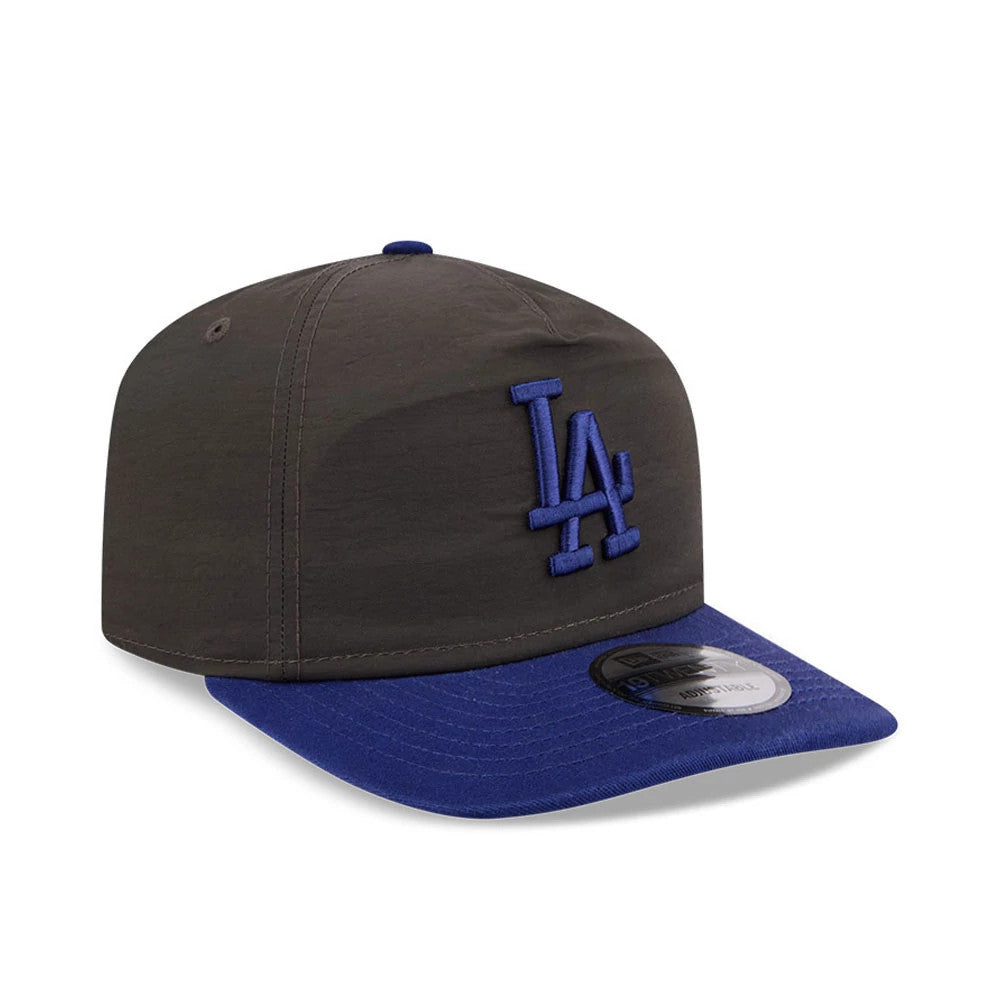 LA Dodgers MLB Nylon Black New Era 19TWENTY Adjustable Cap, three-quarter view showing the raised blue embroidered LA logo on the black nylon crown, complemented by a blue visor with a 19TWENTY size sticker on top.