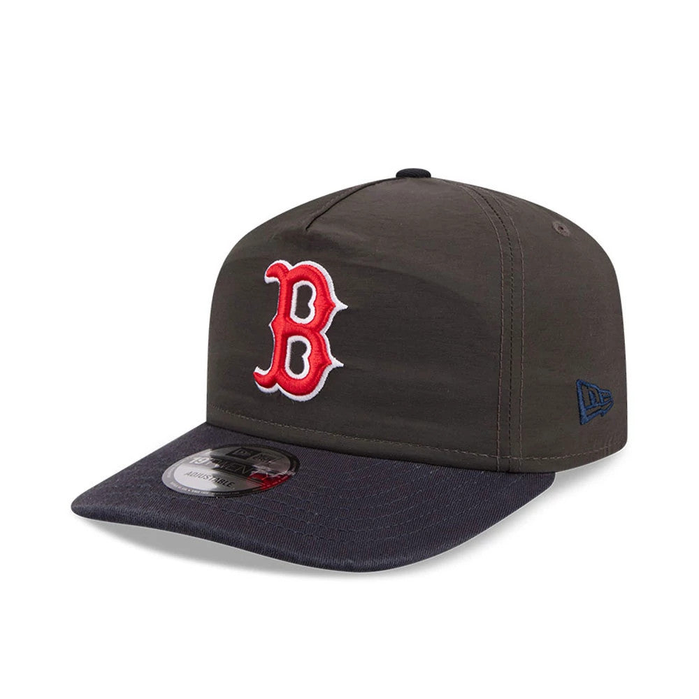 Boston Red Sox MLB Nylon Black New Era 19TWENTY Adjustable Cap, three-quarter view showing the red raised embroidered B logo on the front panel, a dark visor with a 19TWENTY size sticker, and a blue New Era flag logo on the left side.