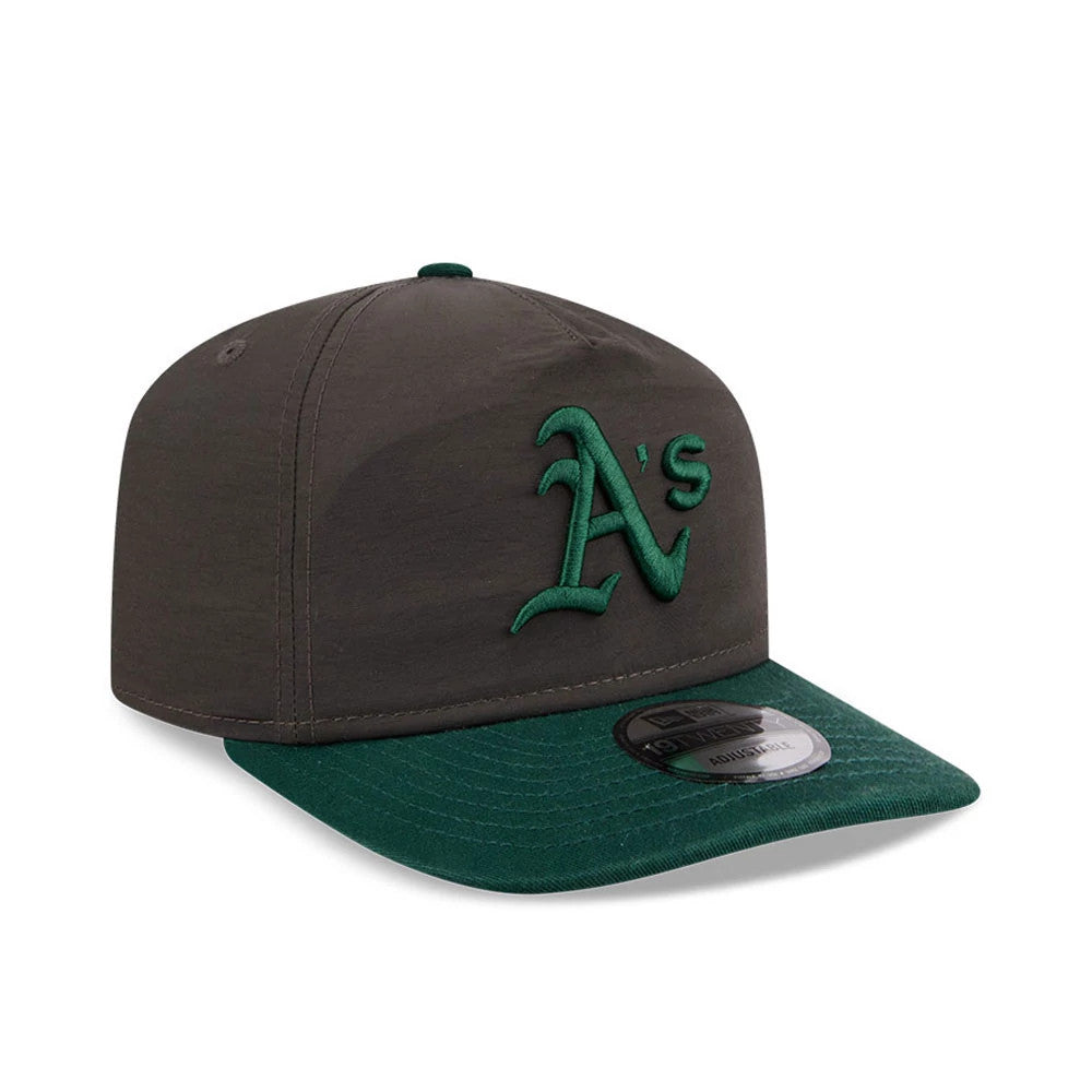 Athletics MLB Nylon Black New Era 19TWENTY Adjustable Cap, three-quarter view showing the green raised embroidered Athletics logo on the black front panel, complemented by a green curved visor with a 19TWENTY size sticker.