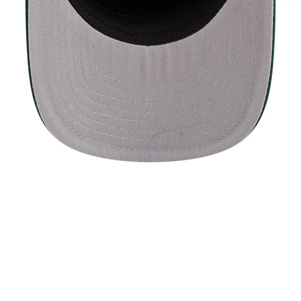 Athletics MLB Nylon Black New Era 19TWENTY Adjustable Cap, underside view showing a grey undervisor with lined stitching, a green edge on the visor, and a glimpse of the black crown above.