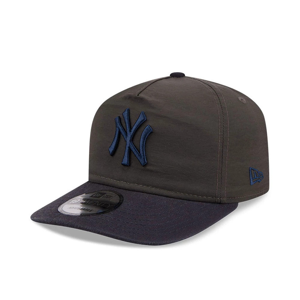 New York Yankees MLB Nylon Black New Era 19TWENTY Adjustable Cap, three-quarter view showing the navy blue raised embroidered NY logo on the front panel, a matching New Era flag logo on the left side.